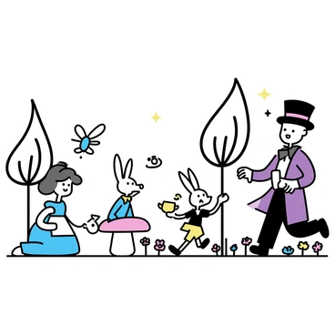 A small group of storybook characters is gathered together in a colorful forest glade. "Alice," wearing a bright blue dress with a white apron, is sitting on a mushroom, while "The Mad Hatter," with a tall hat and mismatched clothing, is pouring tea from a whimsical teapot. "The White Rabbit," dressed in a waistcoat and holding a pocket watch, hurries by with a concerned expression. "Pinocchio," with a wooden body and a long nose, is playfully interacting with "The Blue Fairy," who is fluttering nearby with translucent wings. The backdrop features tall, cartoonish trees and vibrant flowers, creating a lively atmosphere.