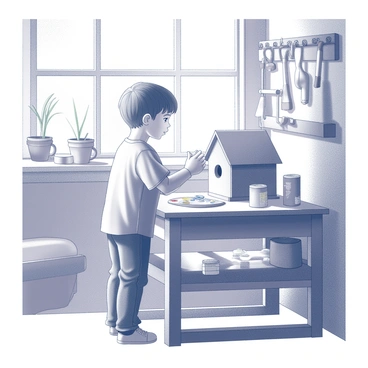A child is standing at a wooden workbench in a backyard workshop. The child is focused on painting a birdhouse made of wood. They are holding a paintbrush in one hand and a palette with various colors in the other. The workbench is cluttered with art supplies, including paint cans and brushes. In the background, there are tools hanging on a wall and a few potted plants. Sunlight streams through a window, illuminating the scene and creating shadows on the workbench.