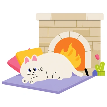 A fluffy ragdoll cat with striking blue eyes is snuggled up on a soft, pastel-colored blanket. The cat is comfortably nestled beside a crackling fireplace, which emits warm, flickering orange flames. The fireplace is made of rustic stone, and the surrounding area is adorned with a few cozy decorations, like a small potted plant and a couple of colorful cushions. The atmosphere is warm and inviting, perfect for a peaceful moment of relaxation.