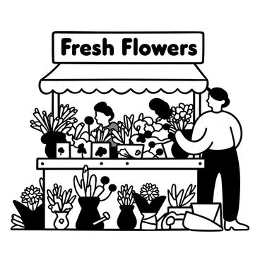 A market stall filled with an abundance of fresh flowers, showcasing various types and sizes. Each flower is arranged in bunches, with some in vases and others wrapped in brown paper. A wooden table supports the colorful display, and there are gardening tools scattered around. Two vendors stand behind the stall, busy arranging the flowers. The words "Fresh Flowers" are prominently displayed above the stall in decorative lettering.
