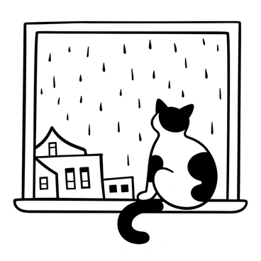 A black-and-white cat sitting on a windowsill, intently watching as raindrops race down the windowpane. The cat has distinct black patches on its white fur, and its tail is curled around its body. Outside the window, blurred outlines of trees and buildings are visible through the rain. The focus is on the droplets sliding down the glass, creating a textured effect.