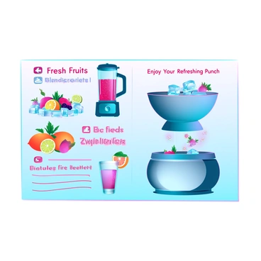 A futuristic illustrated recipe card featuring step-by-step instructions for making a delicious punch. The card is divided into several sections, each showcasing a different aspect of the punch-making process. The first section displays a vibrant image of fresh fruits like oranges, lemons, and berries, with "Fresh Fruits" labeled above. The second section includes a high-tech blender surrounded by ice cubes, with "Blend Ingredients" text prominently displayed. Next, there is an image of a large, modern punch bowl filled with the mixed drink, garnished with fruit slices and mint leaves, accompanied by the label "Serve Chilled". The final section shows a futuristic glass with the punch being poured from the bowl, with the words "Enjoy Your Refreshing Punch" above it. Each step is visually distinct and includes colorful icons for clarity.