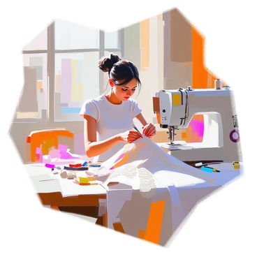 A seamstress with medium skin and dark hair is meticulously crafting an elaborate dress in a couture workshop. She is seated at a large wooden table, surrounded by an array of colorful fabrics, lace, and intricate embellishments. The workspace is filled with tools such as scissors, sewing needles, and spools of thread. The dress, partially assembled, features delicate layers of fabric and ornate detailing. Natural light streams in through large windows, illuminating her focused expression as she carefully pins a section of the dress.