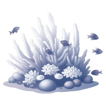 An underwater scene showcasing a vibrant coral reef structure. The reef is detailed with various types of corals, including branching and leafy formations. Numerous tropical fish are swimming around the reef, displaying a range of shapes and sizes. Some fish can be seen darting between the coral while others are hovering close to the reef's surface. The water is clear, allowing visibility of the intricate textures of the corals and the dynamic movements of the fish.