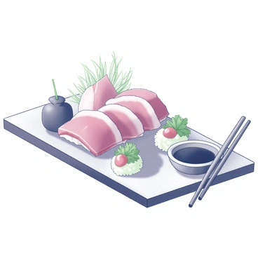 A rectangular plate is filled with slices of fresh tuna sashimi, arranged in a fan shape. The sashimi is placed alongside small piles of garnishes such as thinly sliced radish and delicate microgreens. A small dish of soy sauce sits on the side, accompanied by a pair of wooden chopsticks resting on the edge of the plate. The background is minimal, focusing attention on the artistry of the sushi presentation.