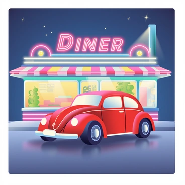 A red Beetle car is parked outside a retro American diner. The diner is adorned with bright neon lights in vibrant colors, casting a warm glow onto the pavement. The exterior of the diner features classic design elements, such as a chrome facade and large windows revealing a cozy interior. In the background, the diner’s sign displays "Diner" in bold, stylish letters, illuminated by neon lights. The surrounding area has a dark blue evening sky, and there are a few scattered stars visible above.