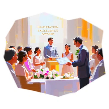 An elegant award ceremony is taking place in a grand hall with ornate decorations and soft lighting. A presenter, a middle-aged man with dark hair wearing a tailored suit, is standing at a podium. He is smiling warmly as he hands out illustration certificates to the winners, who are gathered in front of him. Each winner is a diverse individual, showcasing a mix of genders and ethnicities. They are dressed in formal attire, displaying excitement and pride as they receive their certificates. A large banner in the background reads "Illustration Excellence Awards," and the audience is attentively watching the proceedings. There are floral arrangements adorning the stage adding to the elegance of the setting.