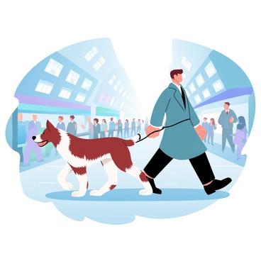 A borzoi is walking gracefully beside its owner on a busy city street. The borzoi has a long, elegant body with silky fur that glimmers in the light. The owner is wearing a fashionable coat, holding a leash connected to the dog. Surrounding them are tall buildings with large windows, and people are walking by, engaged in various activities. Colorful shop signs can be seen in the background, adding to the lively atmosphere. The pavement has a smooth texture, and sunlight casts soft shadows across the scene.
