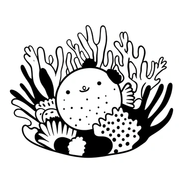 A puffer fish with a rounded body and distinct textured skin is swimming among vibrant coral formations. The coral features intricate shapes and patterns, with various branches and spiky textures surrounding the fish. The scene captures the puffer fish adopting a defensive posture, with its body slightly inflated, nestled within the coral to blend seamlessly into its environment.