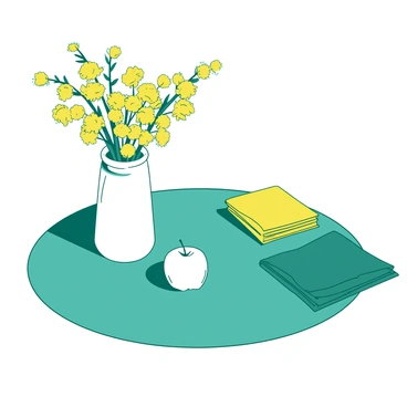 A teal tabletop is set with a variety of everyday objects, arranged thoughtfully according to Loomis's principles of composition. On the left, there is a white ceramic vase filled with vibrant yellow flowers, their petals stretching toward the light. Next to the vase, a shiny white apple rests, reflecting the surrounding colors. To the right, a neatly folded teal napkin lies beside a small stack of yellow books. Above the arrangement, soft light casts gentle shadows, enhancing the depth and texture of the scene.