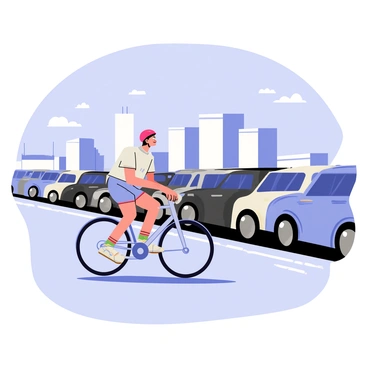 A cyclist riding past parked cars at an airport parking lot