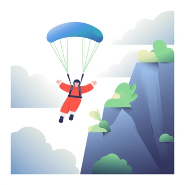 A base jumper with a bright blue parachute is leaping off a steep cliff. The jumper is wearing a black helmet and a red jumpsuit, their arms spread wide as they descend. Below, the rocky cliff face is adorned with patches of green vegetation. The sky above is filled with dark gray clouds, creating a dramatic backdrop, while rays of sunlight break through in places, illuminating parts of the scenery. The parachute begins to open, expanding above the jumper, caught in the wind as they fall into the valley below.