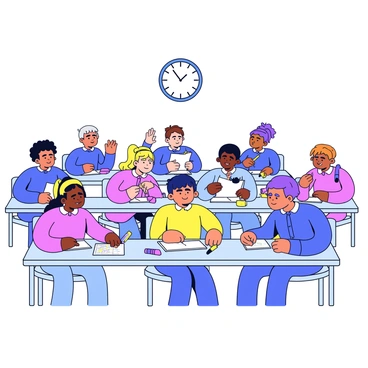 A classroom filled with students working diligently on their illustrations. Each student sits at a desk, focused and concentrated, with various art supplies scattered around. Some have pencils and erasers, while others use colored markers and sketch pads. The clock on the wall shows that time is running out, emphasizing the urgency of the situation. Some students appear to be hastily adding final touches to their drawings, with looks of determination on their faces. A few of them glance up at the clock, their expressions reflecting the pressure of the approaching deadline.