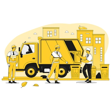 Two sanitation workers in uniforms with reflective strips are standing beside a yellow garbage truck on a city street during early morning hours. One worker is holding a trash bag while the other is in the process of emptying a trash bin into the back of the truck. The street is lined with various trash bins and residential buildings in the background. The soft light of dawn casts gentle shadows, and there are a few scattered leaves on the pavement.