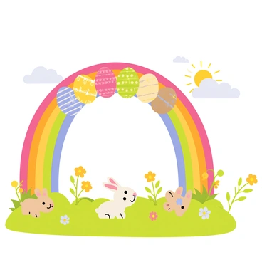 A rainbow composed of colorful Easter eggs, each decorated with various patterns and designs, arches gracefully over a sunny meadow. The meadow is filled with vibrant green grass and dotted with small wildflowers in shades of yellow, pink, and blue. The sky is clear with a few fluffy white clouds scattered about, allowing the sun to cast warm light over the scene. Below the rainbow, a few bunnies can be seen hopping playfully among the flowers, adding a lively element to the cheerful atmosphere.