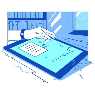 A blue tablet is lying flat on a wooden table, displaying a digital "bilan report" on the screen. A person's hand, holding a white stylus, is positioned above the tablet, poised to make annotations. The person's wrist is adorned with a simple black watch. Sunlight is streaming in from a nearby window, casting soft shadows on the table surface. The background features blurred shelves lined with books, adding a scholarly ambiance to the scene.