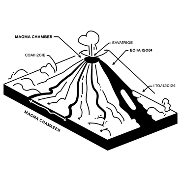 A cross-sectional diagram of a volcano displaying a detailed view of the internal structure. The illustration includes a large magma chamber located beneath the surface, connected to various smaller magma chambers. A network of lava flow channels can be seen leading from the magma chamber to the surface. The surface of the volcano is depicted with a conical shape and a crater at the top. Surrounding the volcano, there are rocks and ash deposits indicative of previous eruptions. Labels are included to identify the magma chamber, lava flow, and crater clearly.