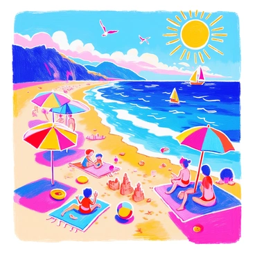 A sunny beach scene converted into a colorful comic book style illustration