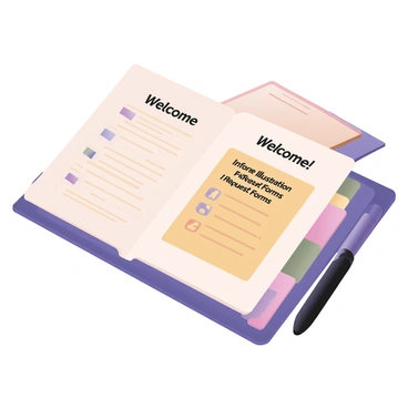 A digital flat illustration featuring a welcome packet laying open on a desk. The welcome packet has a clean and organized layout, with a prominent header reading "Welcome" at the top. Inside, there is a highlighted section dedicated to "Inforce Illustration Request Forms" in bright yellow. This section contains bullet points outlining the steps for requesting forms, with icons representing each step. Additionally, there are colorful tabs on the side of the packet labeled with words like "Benefits," "Policies," and "Resources." The background includes a few office supplies, such as a pen and notepad, to give a sense of an office environment.