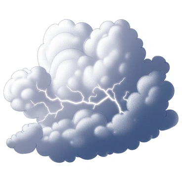 A stormy sky dominates the scene, filled with swirling clouds of varying shapes and sizes, creating a sense of movement and chaos. Within the clouds, multiple lightning bolts are striking, showcasing intricate branching patterns. The atmosphere appears charged, emphasizing the intensity of the storm with dark, looming clouds merging into each other.