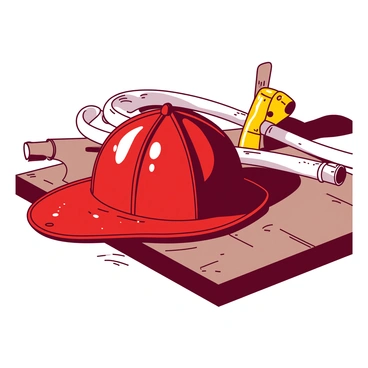 A red firefighter helmet with visible wear and scratches is resting on a weathered wooden table. The helmet's visor is slightly lifted, revealing a hint of dust on its surface. In the background, there are some scattered firefighting tools, including a yellow axe and a white fire hose coiled neatly. Soft sunlight is illuminating the scene, highlighting the textures of the helmet and the wood grain of the table.
