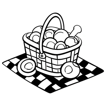 A picnic basket overflowing with "fried eggs" is placed on a "checkered cloth." The picnic basket is woven and features a sturdy handle. Surrounding the basket are several "fried eggs," some with slightly runny yolks, while others are fully cooked. The checkered cloth has alternating squares in distinct patterns. A few additional items, such as a small plate and a fork, can be seen next to the basket, adding to the picnic scene.