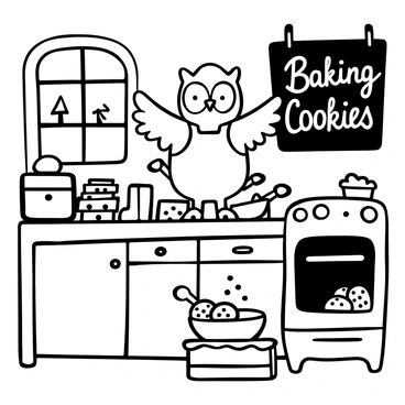 An owl standing on a wooden kitchen counter, surrounded by baking ingredients such as flour, sugar, and chocolate chips. The kitchen is small and cozy, with wooden cabinets and a window showing a glimpse of trees outside. The owl is wearing a small apron and has its wings covered in flour. A mixing bowl is in front of the owl, and a tray of cookies is placed on the counter next to it. A rolling pin and cookie cutters are scattered around, and a vintage stove is visible in the background. The words "Baking Cookies" are written on a chalkboard hanging on the wall.