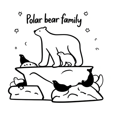 A polar bear mother stands protectively over her two cubs on a large ice floe. The ice is rugged and textured, contrasting with the smooth surface of the water below. In the background, a variety of arctic wildlife is visible. There are seals lounging on smaller ice pieces nearby, while a couple of arctic foxes explore the edges of the ice. Snowflakes gently fall around the scene, adding to the cold atmosphere of the arctic environment. "Polar bear family" is written above the bears in a bold font.
