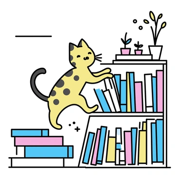 A Bengal cat with distinct spotted fur is climbing onto a cluttered bookshelf. The bookshelf is filled with various books of different sizes and colors, some standing upright while others are stacked horizontally. There are also a few decorative items like small potted plants and a framed picture. The cat's agile body is poised as it navigates between the books, with its tail held high, demonstrating its curiosity. Light filters softly through a nearby window, casting gentle shadows across the scene.