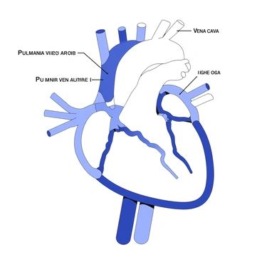 A detailed diagram of the human circulatory system. The illustration features a clear representation of the heart, surrounded by a network of arteries and veins. The arteries are depicted leading away from the heart, branching out to various parts of the body, while the veins are shown returning to the heart. Major blood vessels such as the aorta and vena cava are labeled clearly. The diagram includes the pulmonary veins and arteries, emphasizing the flow of blood between the heart and the lungs. Key anatomical structures, including the left and right atria and ventricles, are illustrated to provide a comprehensive view of the system.