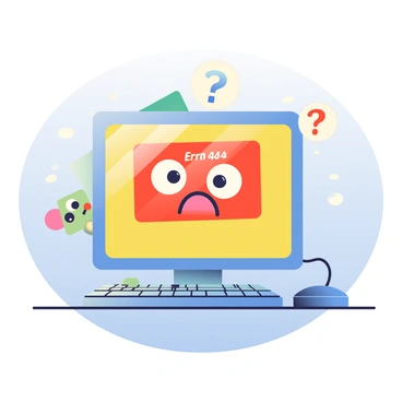A cartoon-style illustration of a computer display showing an error message. The screen is brightly colored with a large red "Error 404" displayed in the center. The computer is characterized by big, googly eyes and a frown, conveying confusion. There are cartoonish question marks floating around its head. The keyboard is slightly askew, and a small cartoon mouse is peeking out from behind the monitor, looking equally puzzled. The background features a light blue gradient, enhancing the playful atmosphere of the scene.