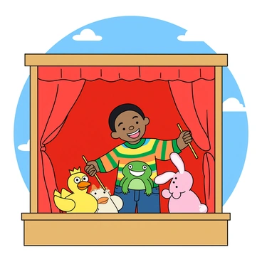 A young child with short black hair, wearing a colorful striped shirt and blue jeans, stands excitedly behind a small wooden puppet stage. The stage has a red curtain that is partially drawn, revealing a variety of handmade puppets. The puppets include a cheerful yellow duck with big eyes, a green frog wearing a tiny crown, and a pink bunny with floppy ears. The child holds a stick with a puppet attached, and their face shows joy and enthusiasm. The backdrop of the puppet stage is painted with bright blue skies and fluffy white clouds.