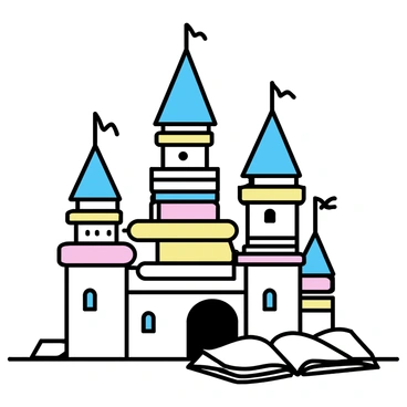 A castle constructed entirely from stacked books, featuring multiple towers and turrets. The books vary in size and color, creating an eclectic facade. Each tower is formed by neatly arranged volumes, some open with pages fanned out like flags. The turrets are topped with smaller books that resemble flags fluttering in the wind. The castle has a sturdy base composed of thicker books, providing stability to the towering structure. Surrounding the castle are scattered open books lying flat, adding to the enchanting literary atmosphere.