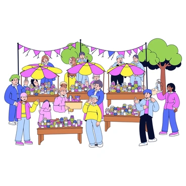 A vibrant village market scene filled with colorful stalls. Each stall is adorned with bright canopies showcasing various trinkets and treats. There are wooden tables piled high with handmade jewelry, small plush toys, and jars of sweets. The market is bustling with villagers and visitors, some engaged in conversation and others examining the items on display. In the background, there are trees providing shade, and decorative banners fluttering in the breeze. The atmosphere is lively, filled with excitement and the aroma of fresh treats.