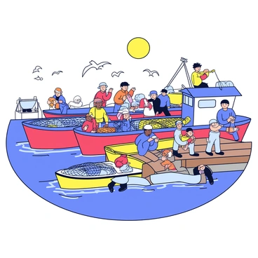 A bustling harbor scene featuring multiple fishing barges docked along the wooden pier. The barges are painted in bright colors of red, blue, and yellow, with nets and ropes visibly arranged on their decks. Several fishermen are present, some sorting through their fishing gear, while others are checking their nets and preparing bait. The water is slightly rippled, reflecting the colors of the boats, and seagulls can be seen flying overhead. The sun casts a warm light over the entire scene, highlighting the activity and movement in the harbor.