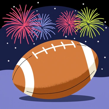 A rugby ball positioned prominently in the foreground, featuring brown textured leather with white stripes and seams. In the background, a night sky filled with vibrant fireworks in various colors including red, blue, and green. The fireworks explode in bright patterns, illuminating the scene and casting colorful reflections on the rugby ball.