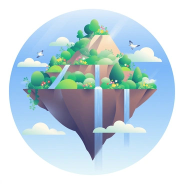 A large floating island is suspended in a bright blue sky filled with fluffy white clouds. The island is covered in lush greenery with various trees, plants, and vibrant flowers in shades of green and colorful blooms. Several waterfalls cascade down the edges of the island, their clear water sparkling in the sunlight as it flows down into the clouds below. Birds are soaring around the island, adding a sense of life and movement to the scene. There are patches of sunlight illuminating areas of the foliage, creating a contrast between light and shade.
