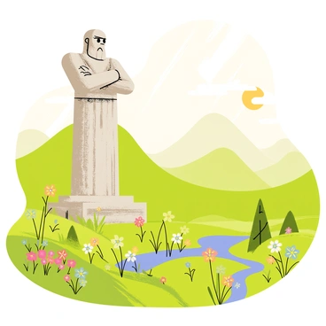 A colossal stone guardian statue with intricately carved features stands tall with its arms crossed, overlooking a lush green valley. The statue has a weathered texture, showcasing the details of its craftsmanship. The valley is filled with vibrant wildflowers in various colors, and gentle hills roll in the background. Soft beams of sunlight filter through the clouds, casting warm light on the scene, highlighting the guardian's proud stance and the beauty of the valley. A small brook can be seen winding through the flora, reflecting the sunlight as it flows.