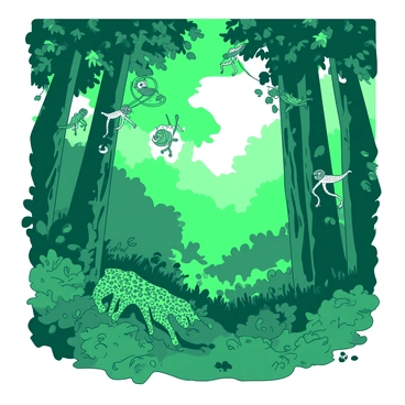 A lush, dense rainforest scene filled with tall green trees reaching towards the canopy. Various insects are visible on the tree trunks and leaves, showcasing their intricate features. Among the branches, playful monkeys are swinging, their fur blending with the vibrant foliage. Below, a sleek jaguar is stealthily moving through the underbrush, its coat patterned with spots, ready to pounce. Sunlight breaks through the leaves, casting dappled shadows across the forest floor, creating a lively atmosphere that illustrates the interconnectedness of the food chain.