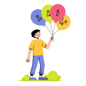 A child with short curly hair is standing in a sunny park, holding a bunch of colorful balloons. Each balloon is a different color: red, blue, green, yellow, and purple. Each balloon features a distinct fraction represented in bold, black numbers, such as "1/4," "1/3," "1/2," "1/5," and "1/6." The child is smiling, looking up at the balloons, with a light breeze causing the balloons to sway gently. The background includes green grass and a few trees, enhancing the cheerful atmosphere.