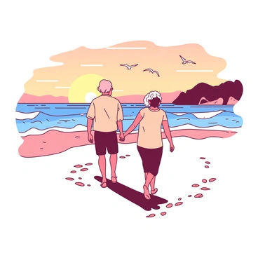 An elderly couple walking hand-in-hand along a quiet beach at sunset