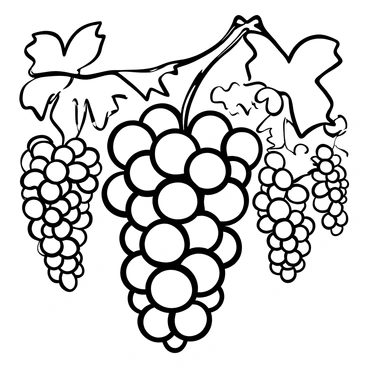 A cluster of "ripe grapes" hanging from a "vine" in a vineyard setting. The grapes are plump and round, with a slightly textured surface. The vine is leafy, with intricate patterns of "leaves" surrounding the grapes. The background features additional vines and clusters of grapes, creating a dense vineyard atmosphere. The overall composition showcases the intertwining of the vine and grapes, emphasizing the natural growth of the vineyard.