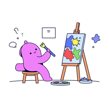 A cute cartoon colon character with a smiling face is sitting on a small stool. It is holding a paintbrush with its tiny hands and is focused on painting a colorful canvas in front of it. The canvas displays bright splashes of color, including red, blue, yellow, and green. The art studio has simple white walls with a few colorful paint splatters. There is a paint palette with various colors resting on the floor next to the stool.