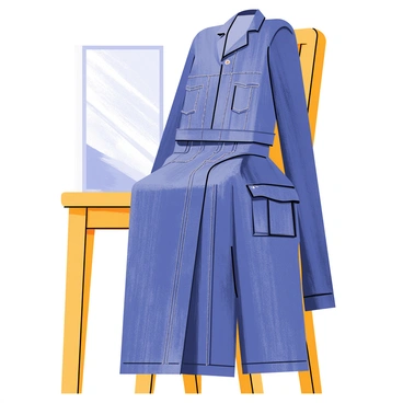 A long denim trench coat with a deep blue hue is draped elegantly over a wooden chair. The coat features large pockets and a belted waist, adding to its stylish appearance. The fabric shows subtle stitching details, giving it texture. Sunlight streams through a nearby window, casting soft shadows on the chair and highlighting the coat's folds. The chair has a warm wooden finish, contrasting with the cool tones of the denim.
