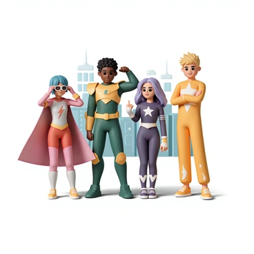 A group of four young superheroes stands together, ready for their next adventure. The first superhero, a girl with short blue hair, wears a sleek red and silver suit with a lightning bolt emblem on her chest. She is adjusting her goggles with a determined expression. Next to her, a tall boy with curly black hair is dressed in a green and gold armored suit, flexing his muscles as he looks confidently into the distance. The third superhero, a girl with long flowing purple hair, dons a dark purple outfit with star motifs, holding a glowing orb in her hand. Finally, a boy with spiky blonde hair is in a bright yellow outfit with flame patterns, grinning as he stands with his arms crossed. In the background, a vibrant city skyline hints at their urban setting.