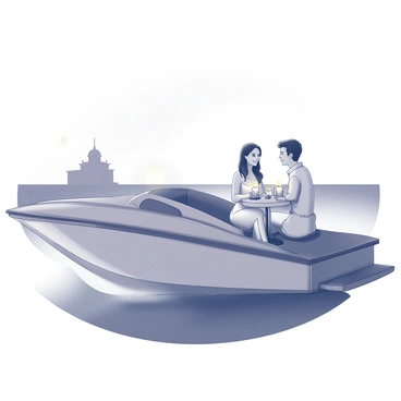 A yacht is gently anchored on the water, with the silhouette of the vessel outlined against the horizon. A couple sits at a small table set for two on the deck, surrounded by elegantly arranged candles casting soft light. The man and woman are engaged in conversation, with their expressions conveying joy and intimacy. The sun sets in the background, creating a gradient effect in the sky, transitioning from black to white as it meets the water's edge. The scene captures a moment filled with warmth and romance.