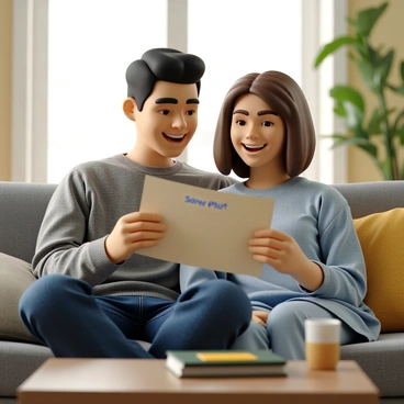 A happy couple sitting together on a cozy couch in a well-lit living room. The man has short black hair and is wearing a casual gray sweater, while the woman has long wavy brown hair and is dressed in a light blue blouse. They are both smiling joyfully as they read a letter, which they are holding together. The letter is printed with the logo "Sanchay Plus" at the top. The background features a small coffee table with a few books and a potted plant, creating a warm and inviting atmosphere.