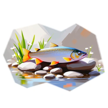 A pike fish with a slender body and sharp teeth is resting on a rocky riverbed. The fish has a distinct green and yellow spotted pattern on its scales. Surrounding the pike are various smooth pebbles in shades of gray and brown, alongside small aquatic plants with elongated green leaves and delicate white flowers. Light filters down through the water, creating a gentle shimmer on the fish and riverbed. The scene captures the tranquility of the underwater habitat.