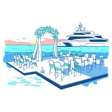 A white luxurious yacht is docked in the middle of calm blue waters, with elegant decorations adorning the deck. There are rows of white chairs set up for the ceremony, each embellished with delicate teal ribbons. A beautifully arranged altar featuring cascading flowers in shades of teal and white stands at the front of the seating area. Soft white drapes billow gently in the breeze, adding a romantic touch to the setting. In the background, the sun is setting, casting a warm glow over the scene, creating a serene atmosphere perfect for an intimate wedding cruise.