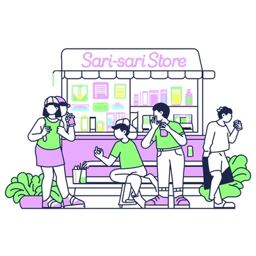 A group of four teenagers is standing in front of a sari-sari store. Two girls are laughing as one of them holds a soda can while the other leans against the store's counter. A boy is sitting on a nearby bench, sipping from his own soda, while looking at the girls with a smile. The third teenager, a boy with a baseball cap, is gesturing animatedly while sharing a story. The sari-sari store behind them is filled with various snacks and beverages, with colorful packaging visible. A few potted plants are arranged near the entrance of the store.